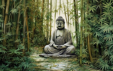Buddha statue in the bamboo forest. Bamboo forest background. Generative AI