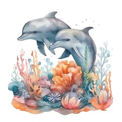 Dolphin under the sea  , coral , seashell , rock , sea urchin , seaweed , ocean , watercolor illustration 