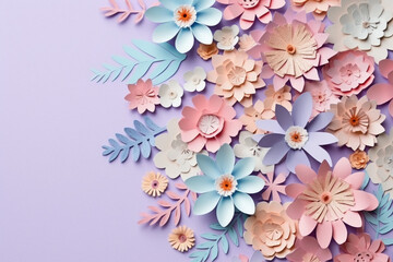 Beautiful flat lay paper cut style flower frame with pastel colors created with AI generative tools