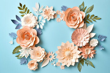 Beautiful flat lay paper cut style flower frame with pastel colors created with AI generative tools