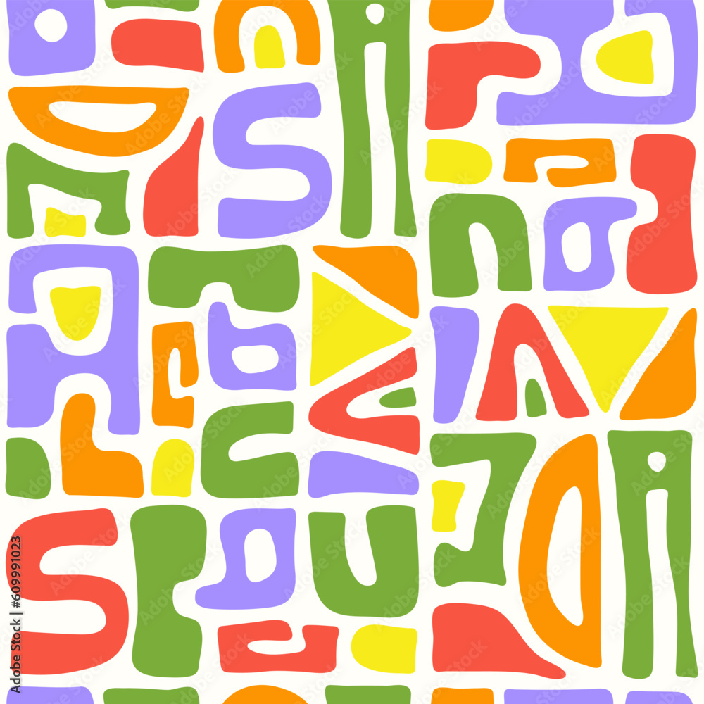 Poster abstract seamless pattern with bright colorful organic cut out shapes on a white background. trendy 