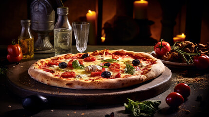 Italian food. Classical freshly baked pizza close up on the wood. Freshly baked pizza dough. Pizza classic traditional, Generative, Ai.