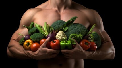 Muscular man standing with healthy food. Generative AI