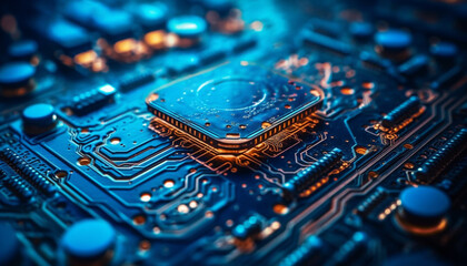 Futuristic computer equipment with complex circuit board and selective focus generated by AI