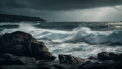 The dark sky and breaking waves clash against the rocky cliff generated by AI