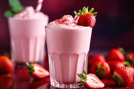 Glass of fresh strawberry milkshake, smoothie and fresh strawberries on pink. Healthy food and drink concept. Generative AI