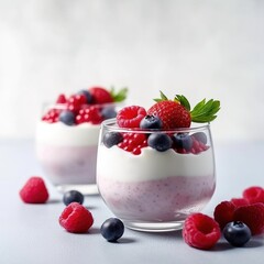 Yogurt with forest berries in bowl on white wooden table Generative AI