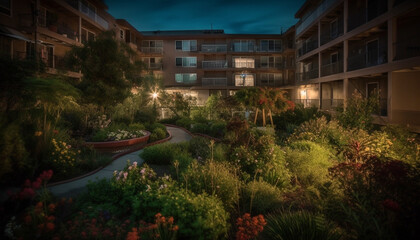 Fototapeta premium Modern building exterior illuminated by street lights at dusk generated by AI