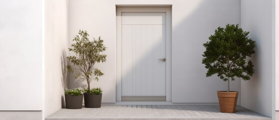Mockup with white facade of a modern house with front door, potted flowers.entrance home exterior. patio, backyard in a modern house. doorway. Minimalism. Generative ai