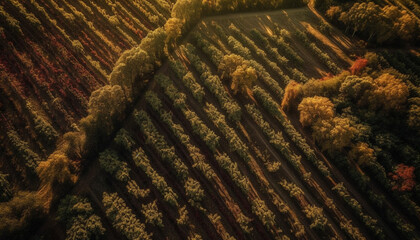 Harvesting grapes in a multi colored autumn vineyard landscape generated by AI