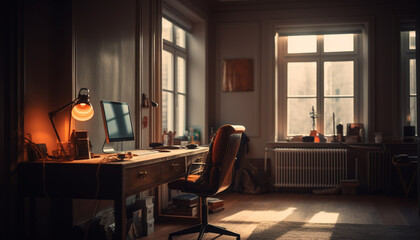 Fototapeta premium Modern office inside a comfortable, illuminated loft apartment with elegant design generated by AI