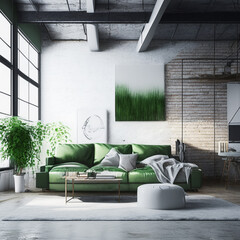 Modern Loft, Green Sofa, Generative AI , Industrial design 