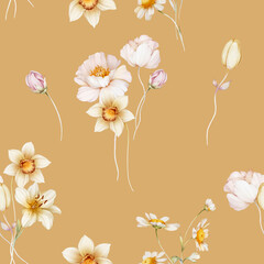 Seamless pattern with narcissus lilies and white poppy.