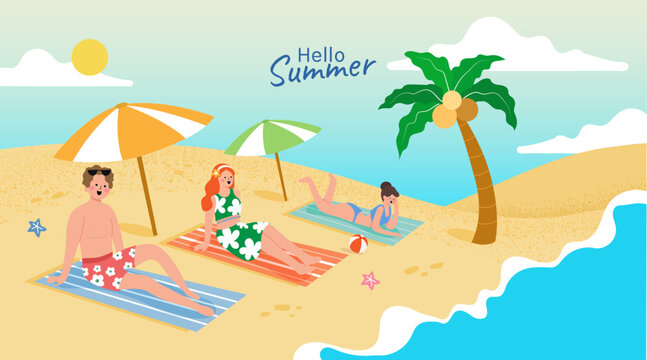 people on beach vector. man woman, coconut tree, swimming suit, enjoy summer vacation, relax, chill have fun.
