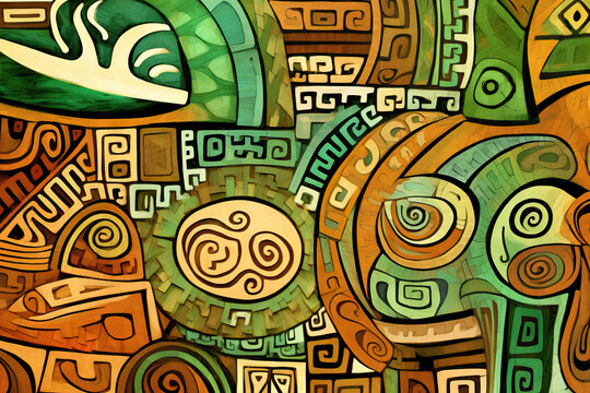 Generative AI illustration of abstract ethnic painting with tribal-inspired textures and shapes