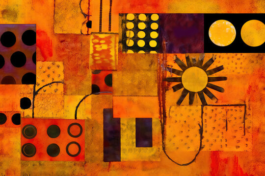Generative AI illustration of painting of a sun surrounded by squares and dots