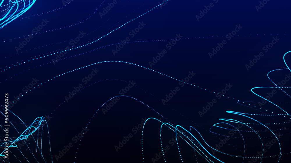 Poster dynamic wave of glowing particles. data flow information. concept of digital communication. technolo