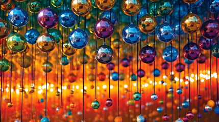 Vibrant and colorful hanging round Christmas ornaments, Generative AI