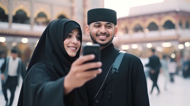 Muslim couple taking selfie with phone showing view of kaaba in Mecca and bustling Muslim people, Generative AI