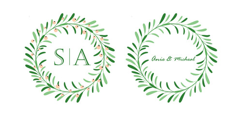 Pre-made frame, floral wreath with green leaf branches. Wedding ornament concept. Floral poster, invite. Decorative greeting card, invitation design background, birthday party