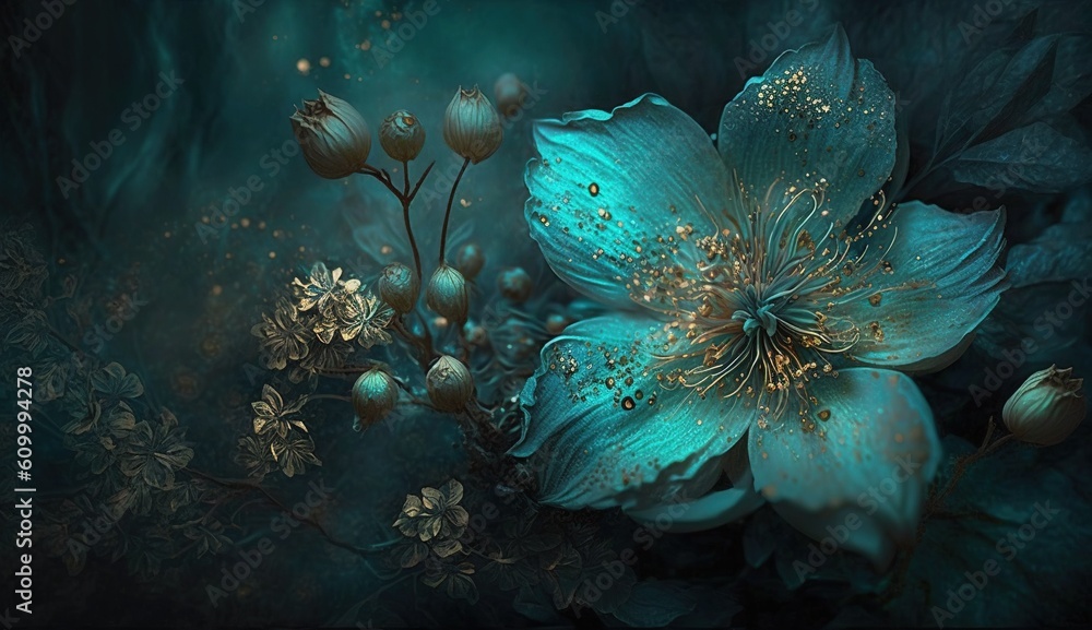 Wall mural generative ai, close up of blooming flowerbeds of amazing teal flowers on dark moody floral textured