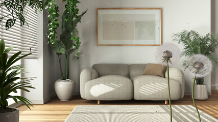 Fluffy airy dandelion with blowing seeds spores over minimal living room with fabric sofa and houseplants. Interior design idea. Change, growth, movement and freedom concept