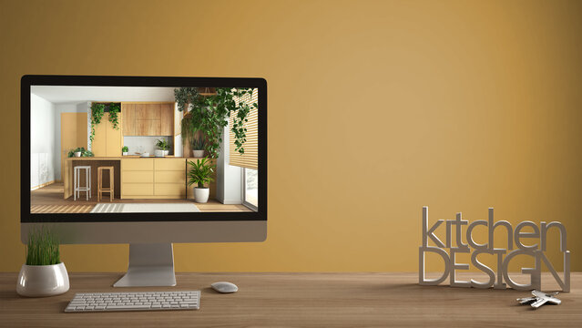 Architect designer project concept, wooden table with house keys, 3D letters making the words kitchen design, computer showing interior draft, yellow background with copy space