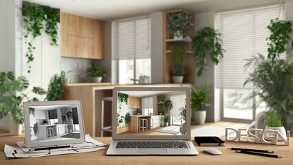Fototapeta na wymiar Architect designer desktop concept, laptop and tablet on wooden desk with screen showing interior design project and CAD sketch, blurred background, minimal modern kitchen