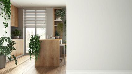 Minimal wooden kitchen with island and many houseplants on a foreground wall, ceramic tiles, interior design architecture idea, concept with copy space, blank background