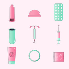 Free vector illustration image Concept of contraceptive method sprotection contraception prevention protection woman set icons