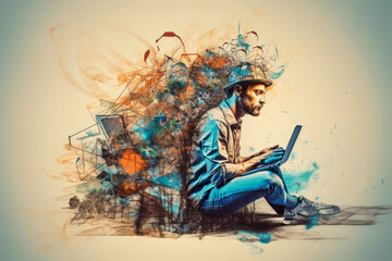 Creative illustrative art drawing of a thinking man with a laptop, sitting and solving a difficult task. Painted background. Freelance work. Generative AI.