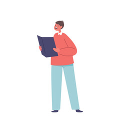 Child Sings Choral With Notes In Hands. Little Boy Character Expressing Joy And Passion For Music, Harmonizing