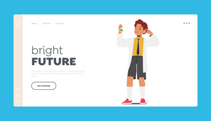 Bright Future Landing Page Template. Schoolboy Character Hold Chemical Flask Exploring Wonders Of Science And Discovery