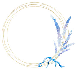 Frame with of watercolor lavender flowers bouquet with a ribbon bow, summer wedding illustration