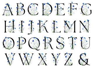 Black alphabet letters with watercolor blue cornflowers and wildflowers bouquet, wedding element © katrinshine
