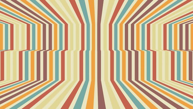 retro lines shape in vintage rainbow colors and camera move to right profile view to wall