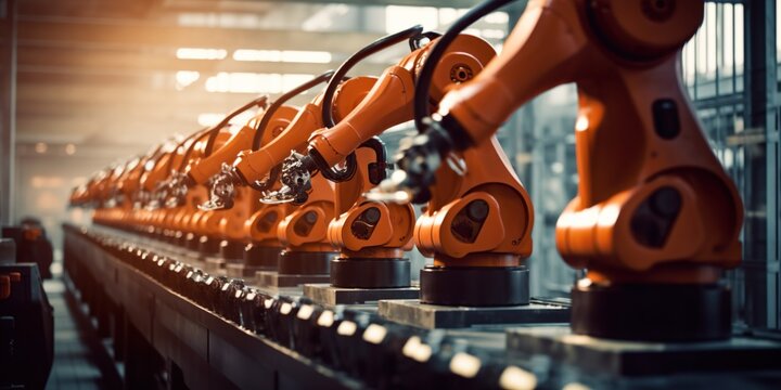 A row of robots assembling products in a factory, illustrating the use of automation in manufacturing, concept of Efficiency, created with Generative AI technology
