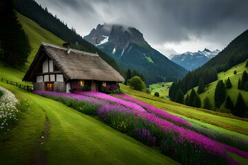 Obraz premium A beautiful house of exterior on top of mountain surrounded with beautiful landscapes, Ai Generated 