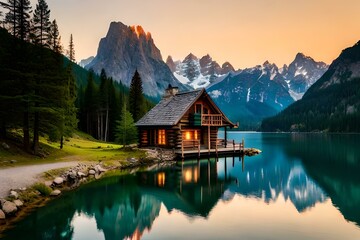 Fototapeta premium A beautiful house of exterior on top of mountain surrounded with beautiful landscapes, Ai Generated 