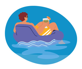 Fototapeta premium Relaxed Man Enjoying A Refreshing Cocktail While Floating On An Inflatable Ring In A Pool Or Beach Setting