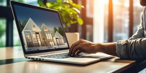 A young professional looking at a real estate website on a laptop, considering buying a property, concept of Housing Market Analysis, created with Generative AI technology