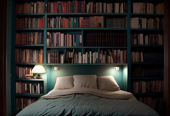 Large bookshelves above the bed. AI Generated