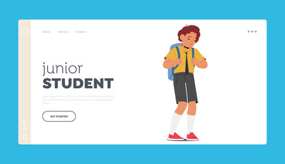 Junior Student Landing Page Template. Unhappy School Boy Character, Displaying Signs Of Sadness, Vector Illustration