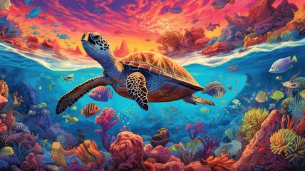 Fototapeta na wymiar Marine biodiversity: Illustrations showcase various species of fish, sea turtles, and other underwater creatures, highlighting the richness and complexity of marine ecosystems. Generative AI