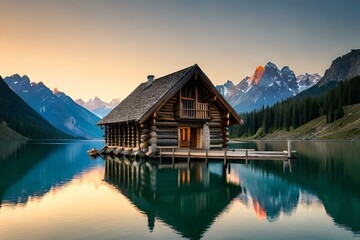 Fototapeta premium A beautiful house of exterior on top of mountain surrounded with beautiful landscapes, Ai Generated 