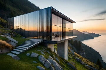 Obraz premium A beautiful house of exterior on top of mountain surrounded with beautiful landscapes, Ai Generated 