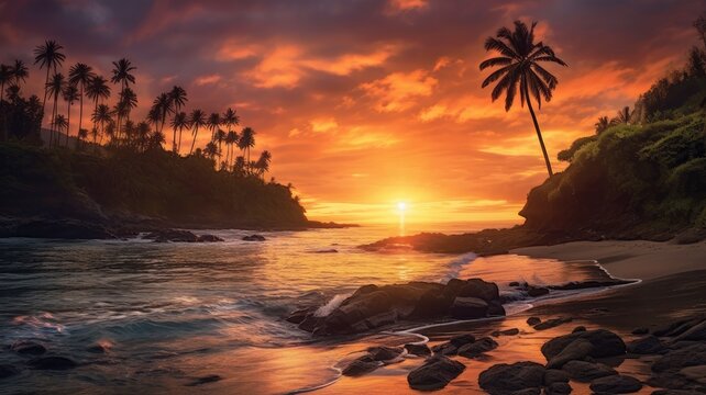 Coastal landscapes: Pictures capture the beauty of coastal landscapes, including rocky shores, palm trees, and vibrant sunsets, evoking a sense of tranquility and escape.Generative AI