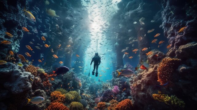 Scuba diving: Images depict divers exploring colorful coral reefs or underwater caves, showcasing the wonder and beauty of the underwater world. Generative AI
