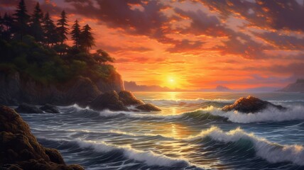 Naklejka premium Coastal landscapes: Pictures capture the beauty of coastal landscapes, including rocky shores, palm trees, and vibrant sunsets, evoking a sense of tranquility and escape.Generative AI