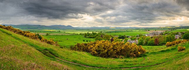 Panorama of Cheviot Hills Milfield Plain and Doddington, viewed from Doddington Moor, Milfield...